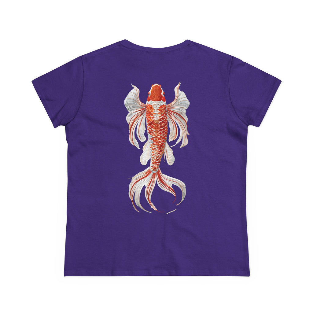 Artistic Goldfish Graphic Women's Midweight Cotton Tee koi On back of tee