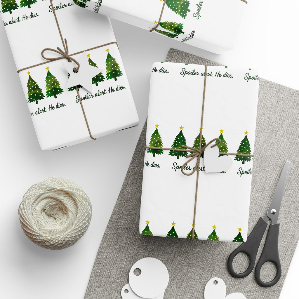Funny Jesus Spoiler alert. He dies. Christmas Tree Wrapping Paper Roll – Festive Green Trees with