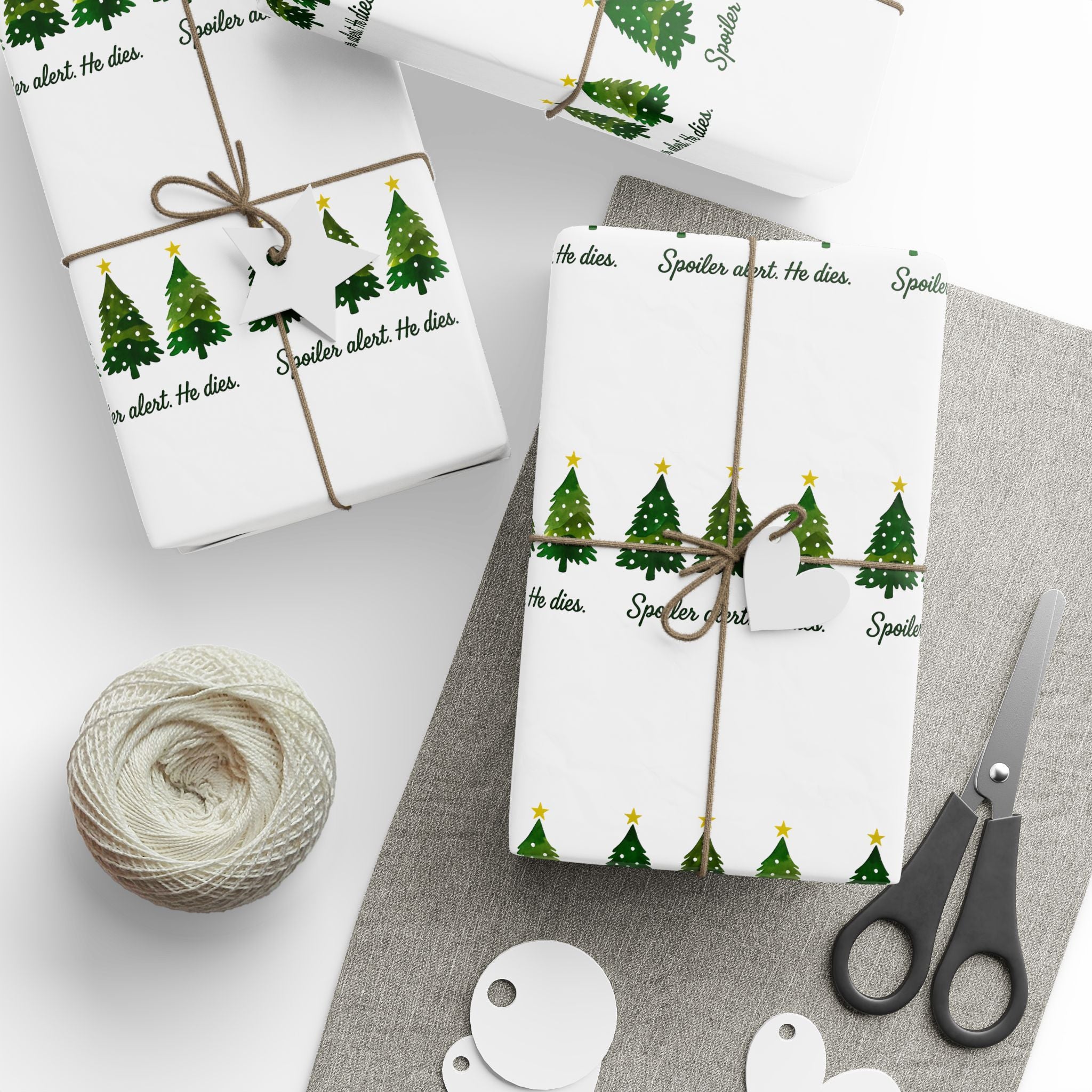 Funny Jesus Spoiler alert. He dies. Christmas Tree Wrapping Paper Roll – Festive Green Trees with