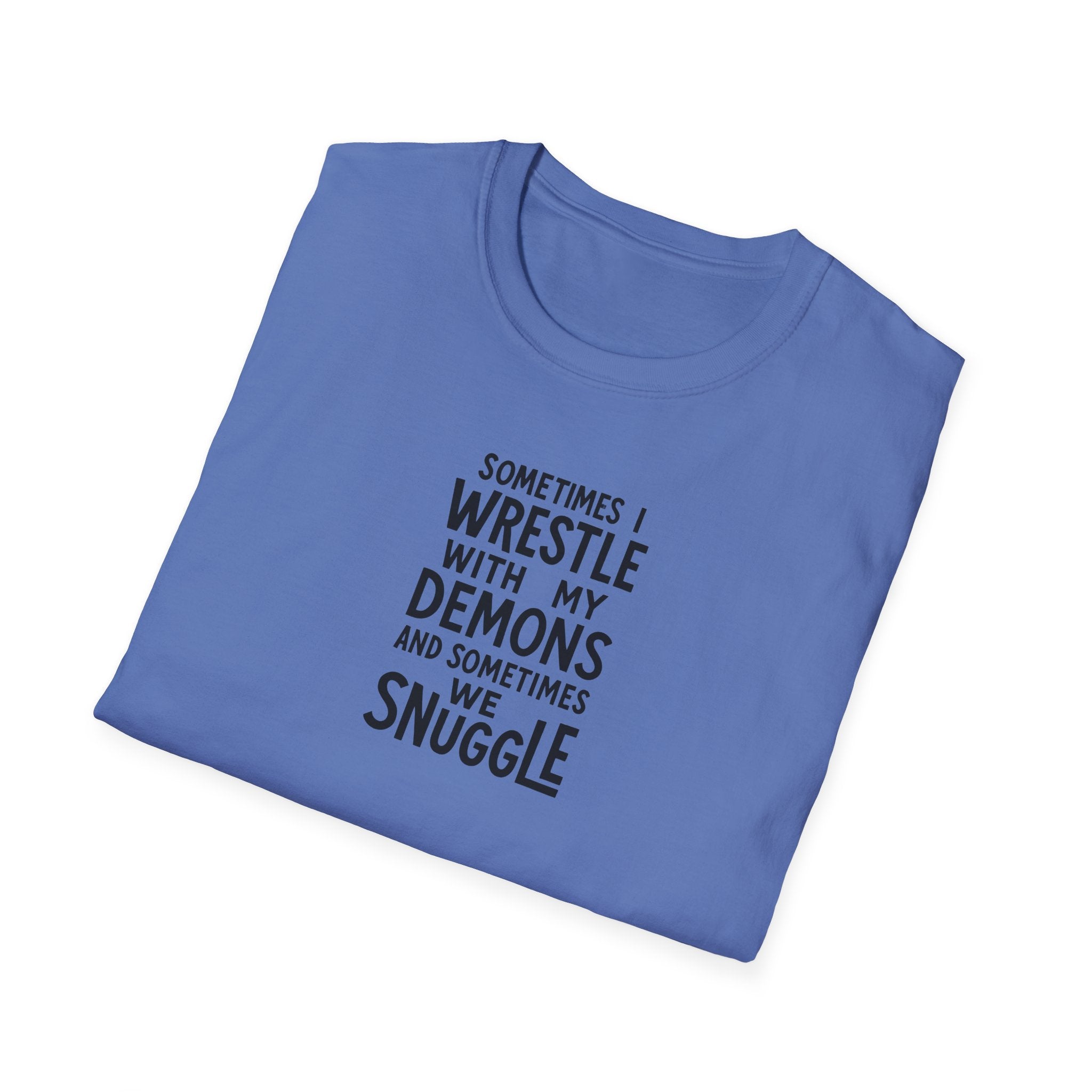 Demon Snuggle Unisex Softstyle T-Shirt, Wrestling Funny Tee, Mental Health Shirt, Graphic Tee, Gift for Him Her