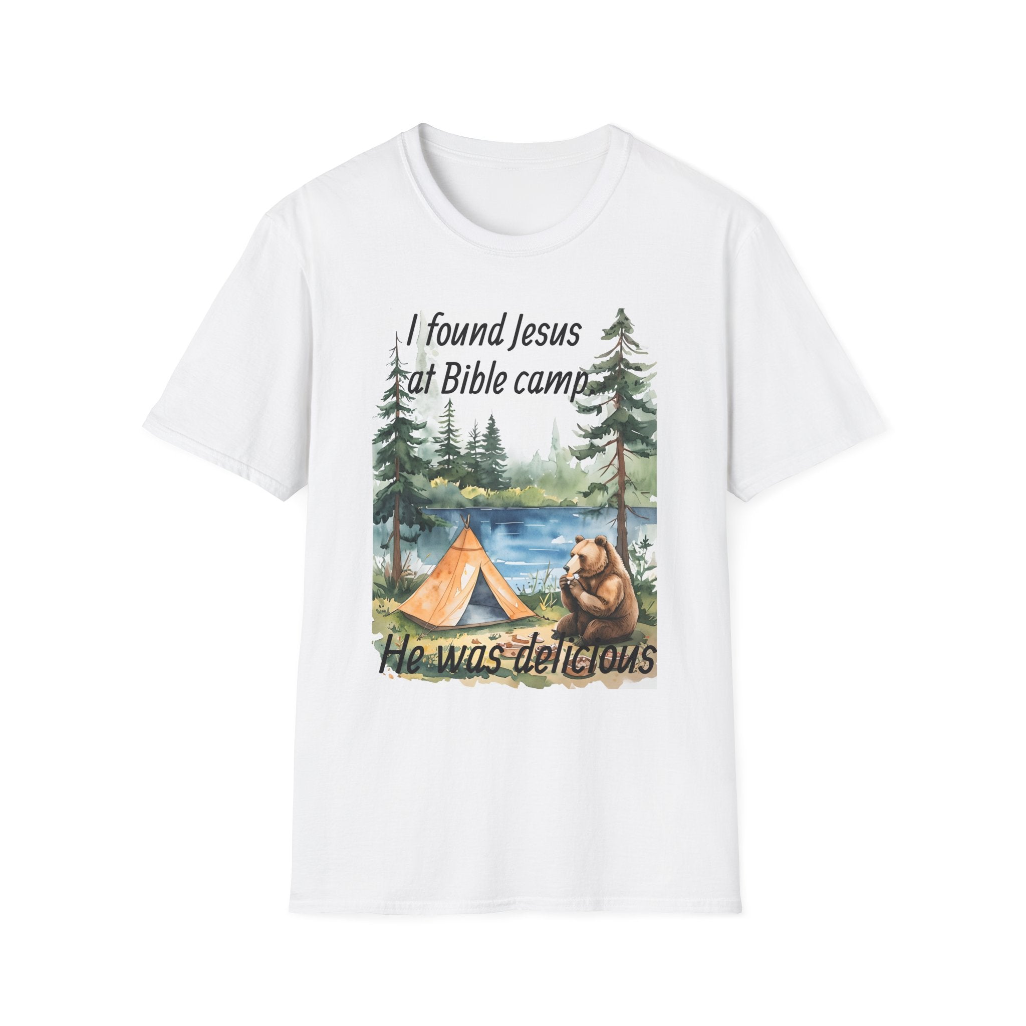 Funny Tee, Religious Camp Tshirt, Jesus Lover Shirt, Hilarious Church Gift, Christian Humor Apparel, Faith-Based Clothing camping bear