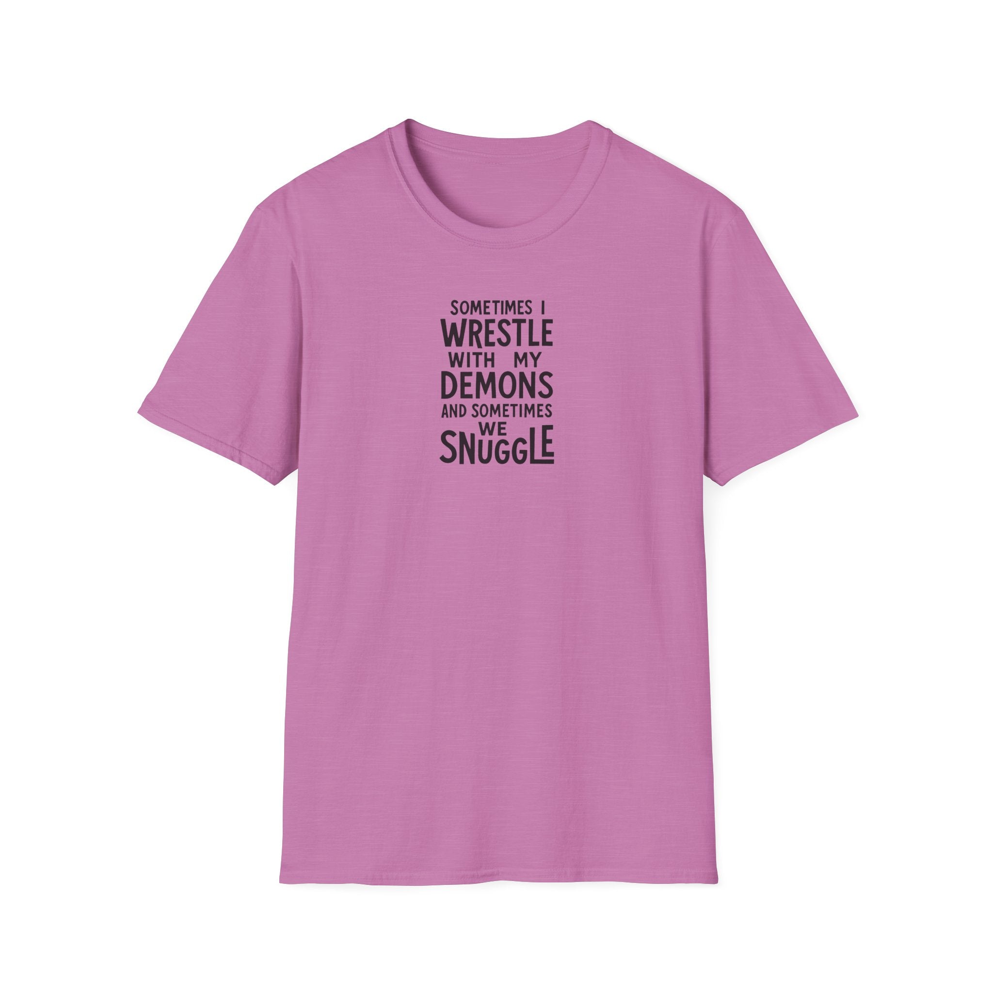 Demon Snuggle Unisex Softstyle T-Shirt, Wrestling Funny Tee, Mental Health Shirt, Graphic Tee, Gift for Him Her