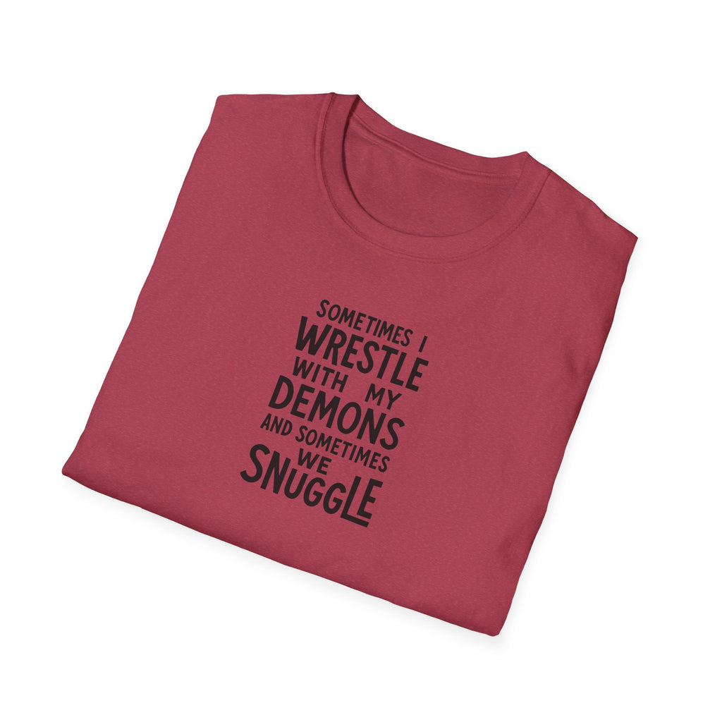 Demon Snuggle Unisex Softstyle T-Shirt, Wrestling Funny Tee, Mental Health Shirt, Graphic Tee, Gift for Him Her