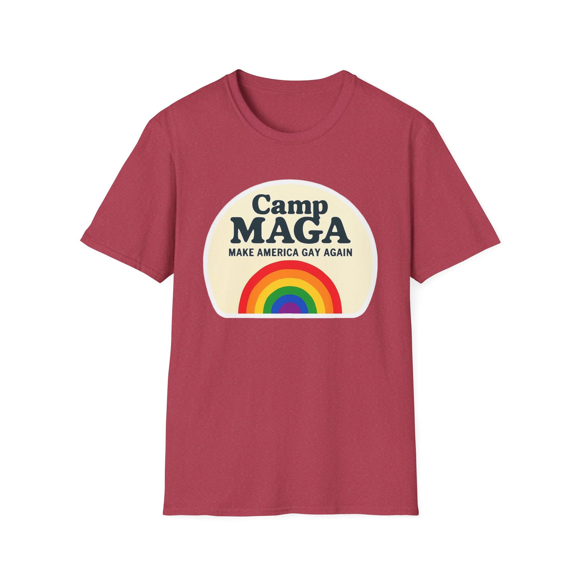 Camp MAGA Rainbow T-Shirt, Carnival Make America Gay Again Pride Tee, LGBTQ Festival Shirt, Unisex Softstyle Top, Patriotic Rainbow Apparel