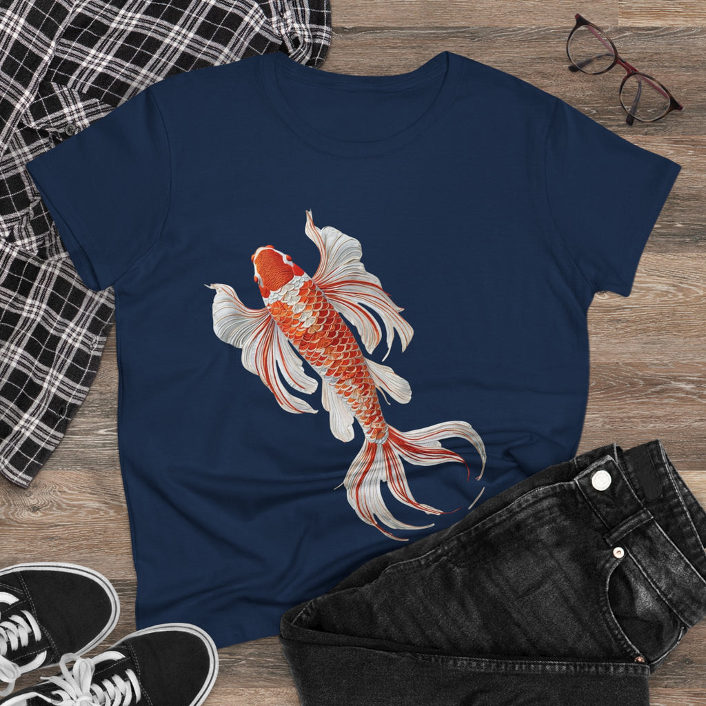 Koi Fish Design Tee for Women, Casual Summer Top, Gift for Nature Lovers, Artistic Cotton Shirt, Ocean Vibe Tee, Everyday Wear