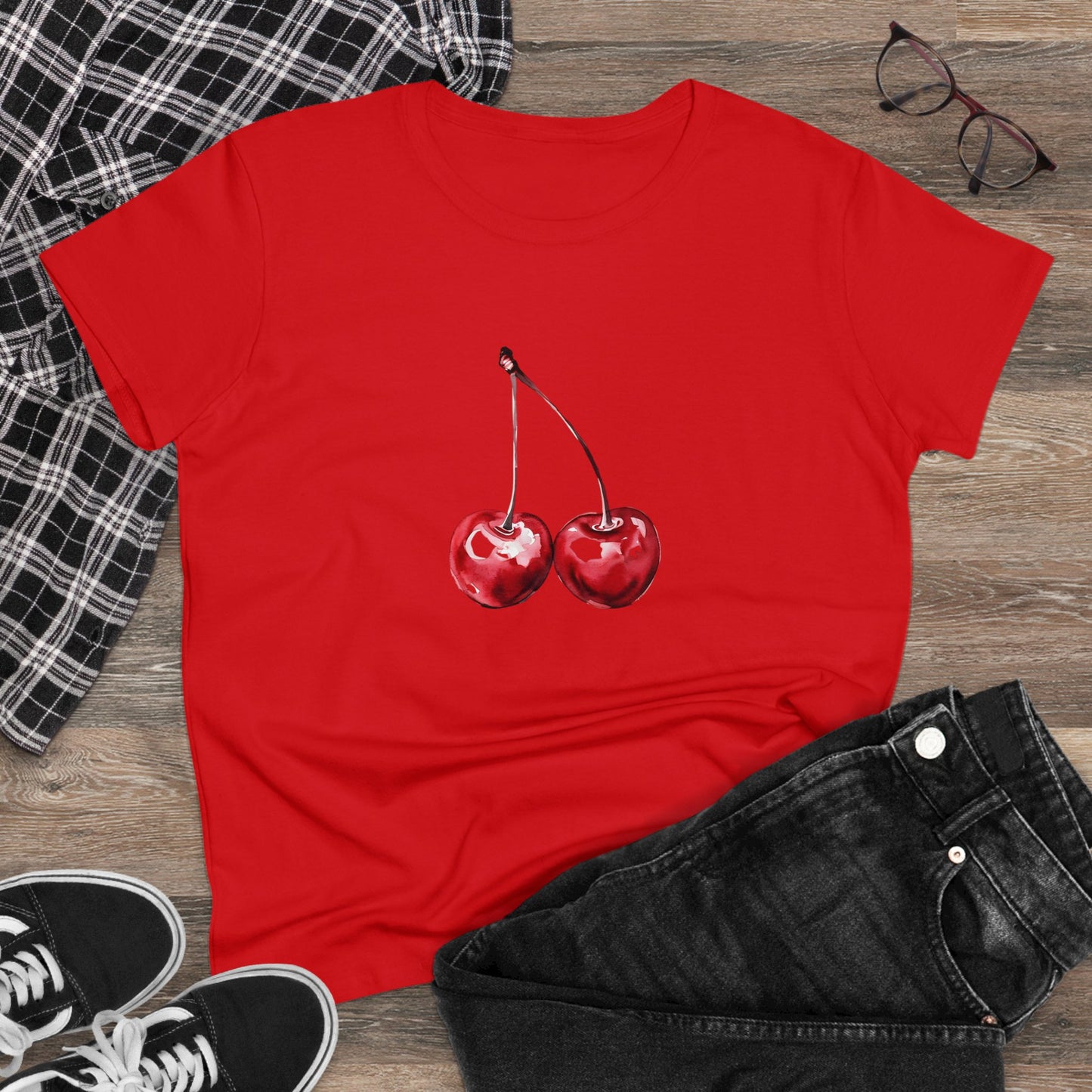 Cherries Tee, Fruit Graphic Shirt, Summer Vibes Top, Women's Cotton T-Shirt, Retro Cherry Print Clothing, Food Lover Gift