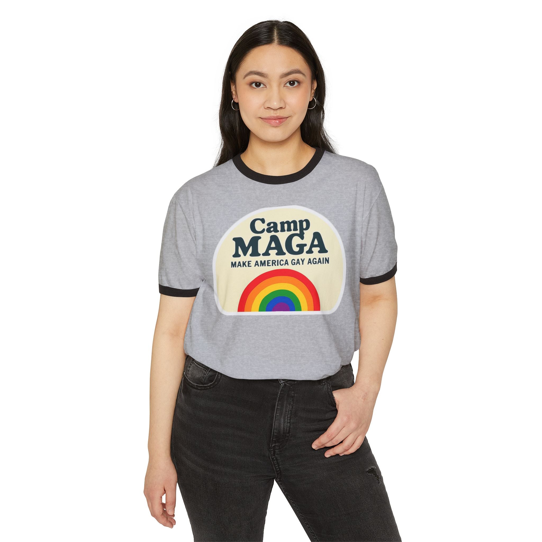Camp MAGA Ptown Carnival Unisex Cotton Ringer T-Shirt, Pride Parade LGBT Anti-Trump Activist Tee, Make America Gay Again, Resist Political