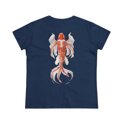 Artistic Goldfish Graphic Women's Midweight Cotton Tee koi On back of tee