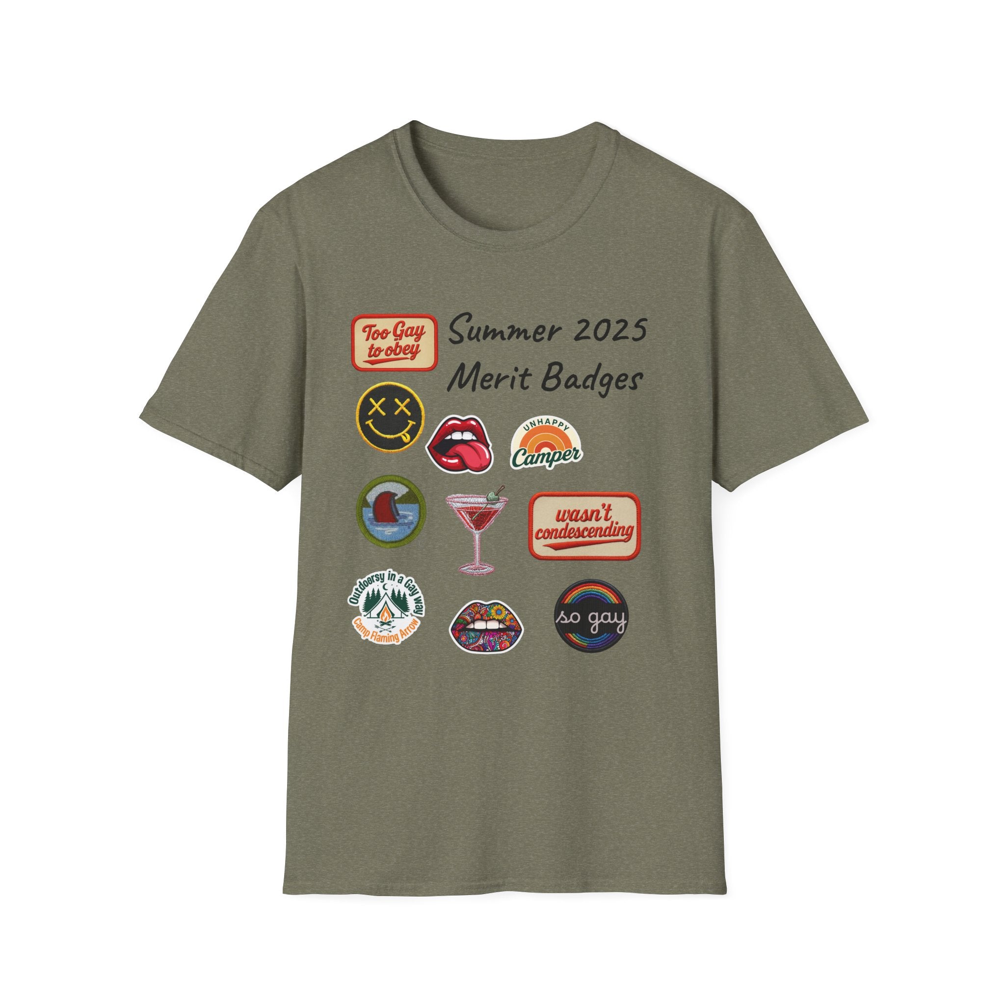 Summer 2025 Merit Badges carnival Unisex Softstyle T-Shirt, Gay Summer Apparel, Camp Vibes Tee, Unique Gifts, Casual Wear for Parties