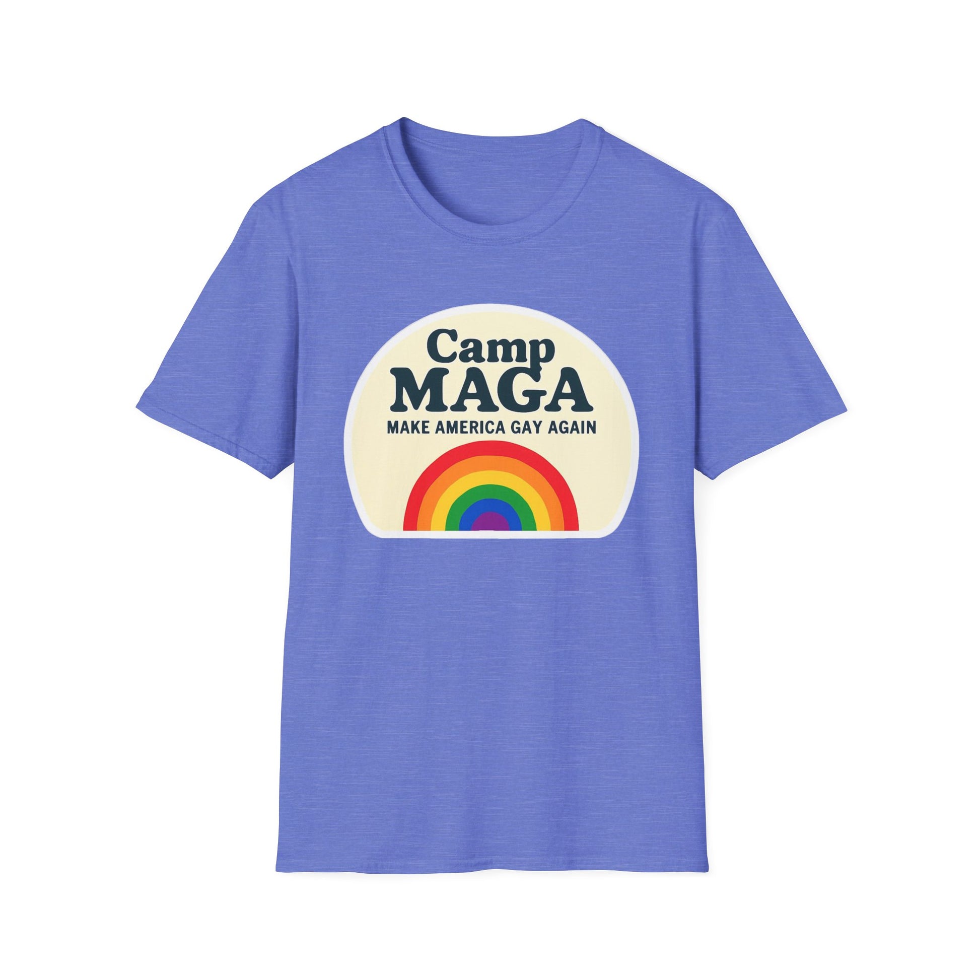 Camp MAGA Rainbow T-Shirt, Carnival Make America Gay Again Pride Tee, LGBTQ Festival Shirt, Unisex Softstyle Top, Patriotic Rainbow Apparel