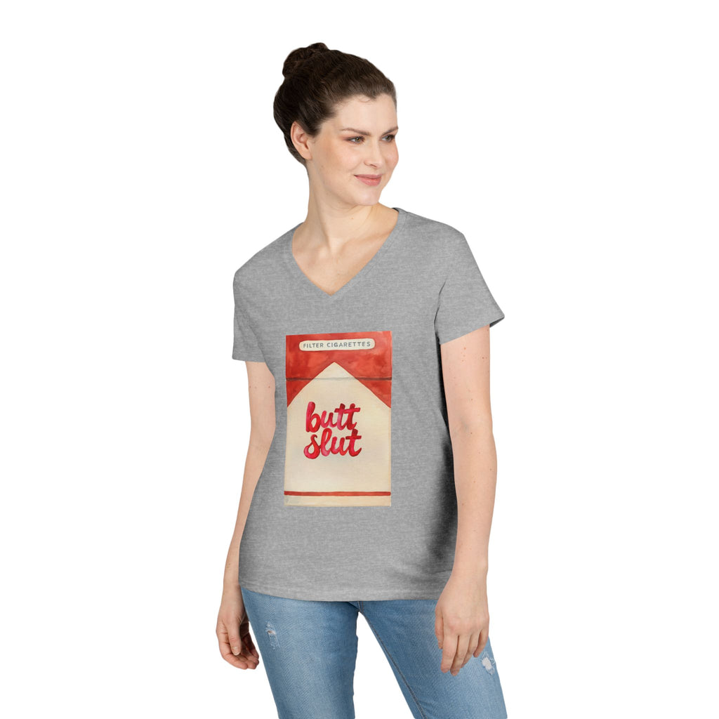 Butt Slut Ladies' V-Neck T-Shirt, Fun Offensive Smokers Shirt, Women's Tee, Rude Graphic Top, V-Neck Short Sleeve Shirt