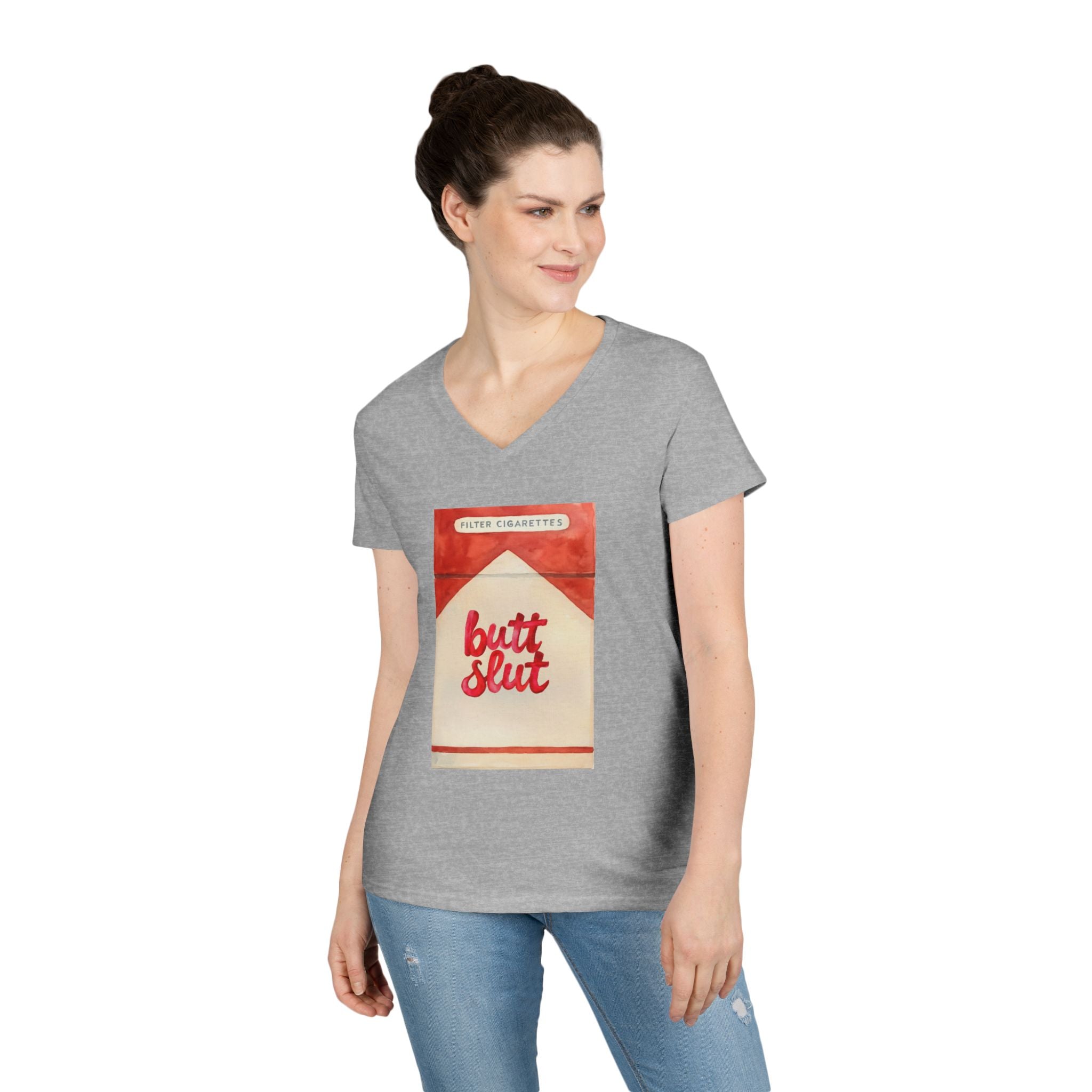 Butt Slut Ladies' V-Neck T-Shirt, Fun Offensive Smokers Shirt, Women's Tee, Rude Graphic Top, V-Neck Short Sleeve Shirt