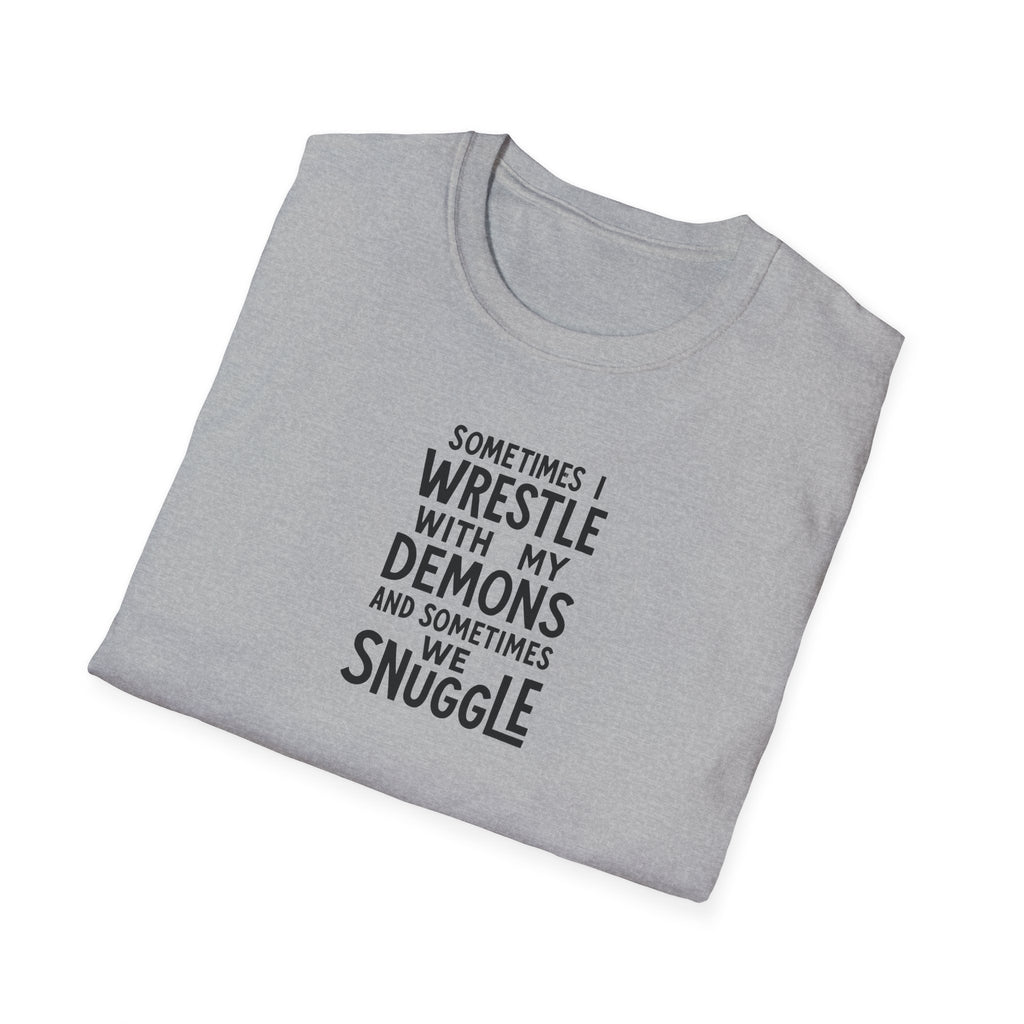 Demon Snuggle Unisex Softstyle T-Shirt, Wrestling Funny Tee, Mental Health Shirt, Graphic Tee, Gift for Him Her