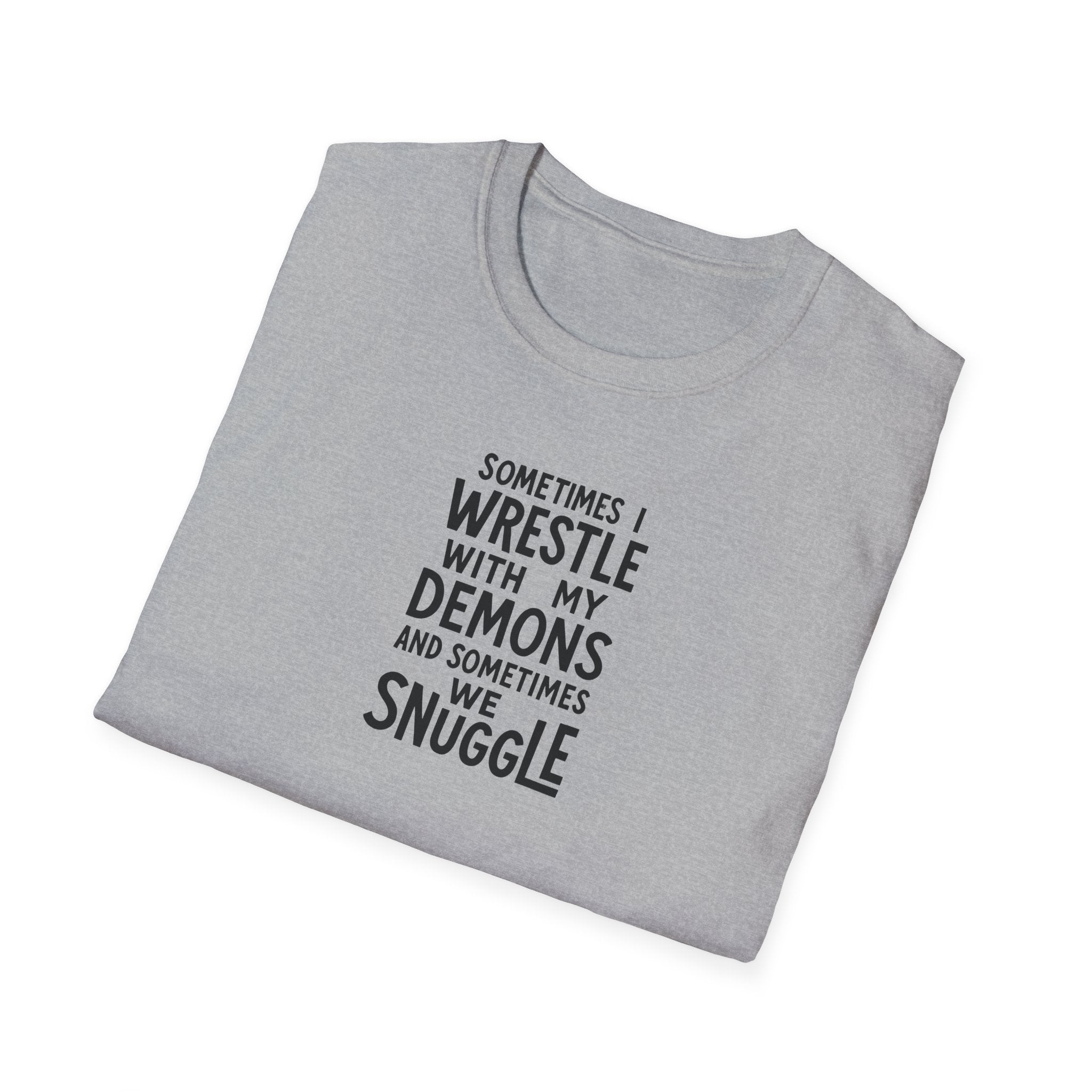 Demon Snuggle Unisex Softstyle T-Shirt, Wrestling Funny Tee, Mental Health Shirt, Graphic Tee, Gift for Him Her
