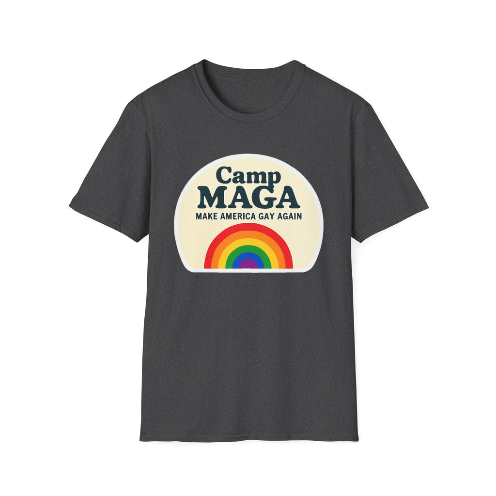 Camp MAGA Rainbow T-Shirt, Carnival Make America Gay Again Pride Tee, LGBTQ Festival Shirt, Unisex Softstyle Top, Patriotic Rainbow Apparel