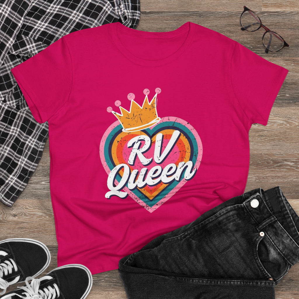T-Shirt, RV Queen Camping Traveling, Women's Midweight Cotton Tee, Outdoor Adventure Shirt, Camper Life Top, Road Trip Apparel, Campfire