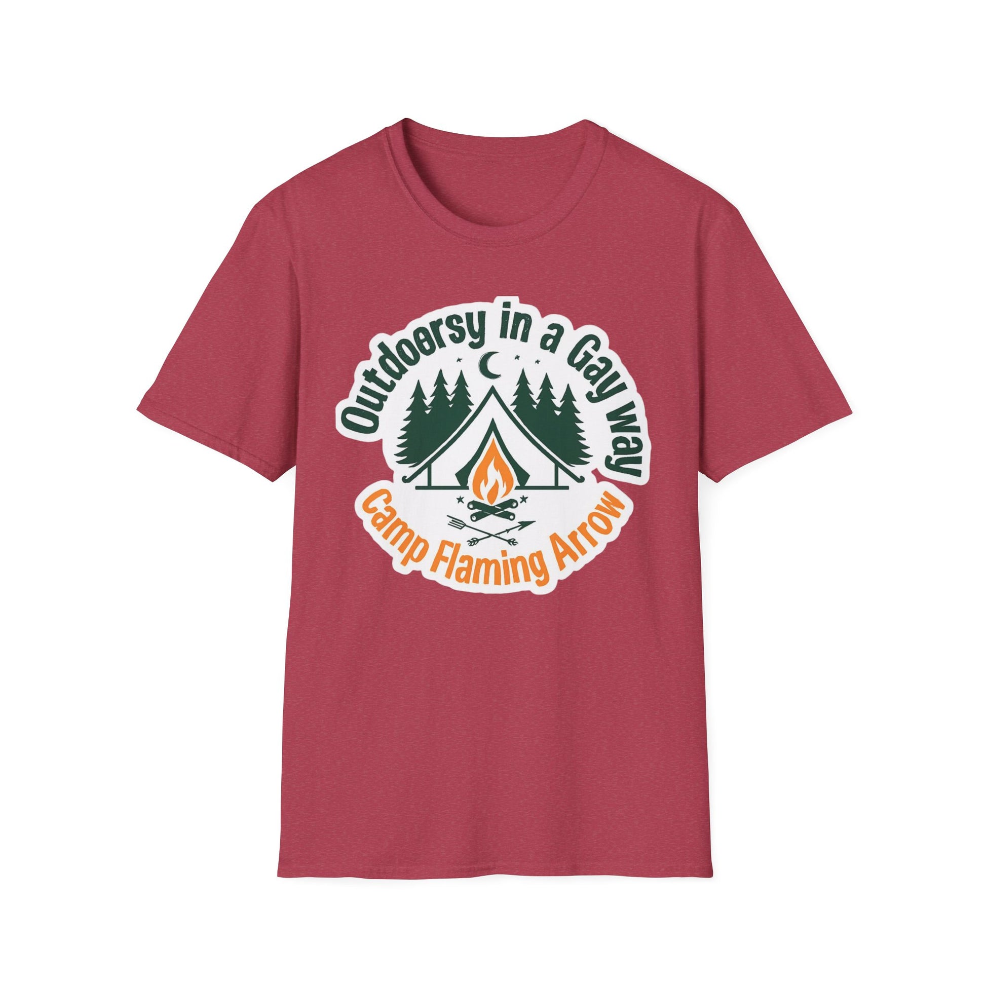Camp Flaming Arrow Pride T-Shirt, Ptown carnival Gay Outdoorsy in a gay way, LGBTQ+ Camping Gear, Summer Festival Top, Unisex Graphic Tee