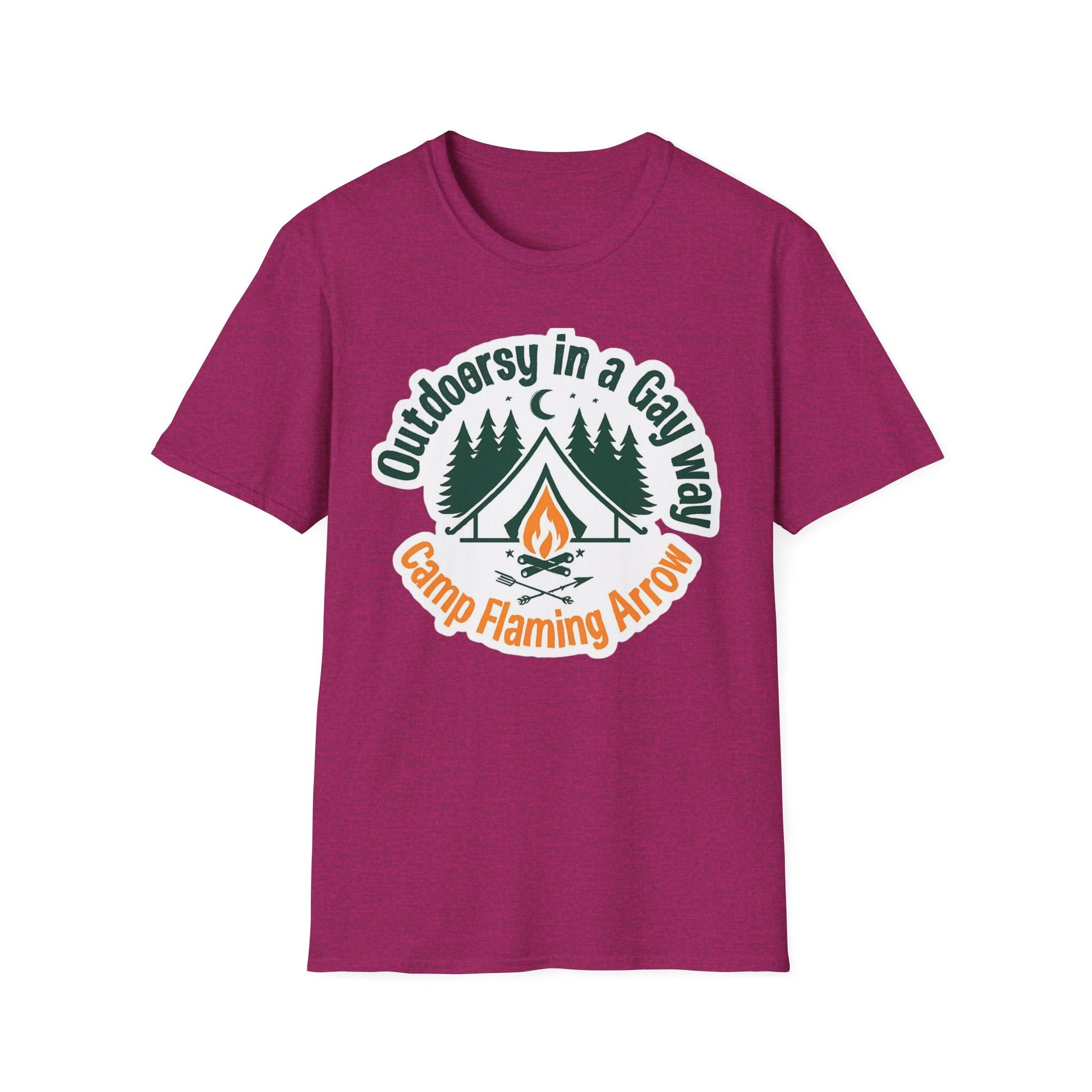 Camp Flaming Arrow Pride T-Shirt, Ptown carnival Gay Outdoorsy in a gay way, LGBTQ+ Camping Gear, Summer Festival Top, Unisex Graphic Tee
