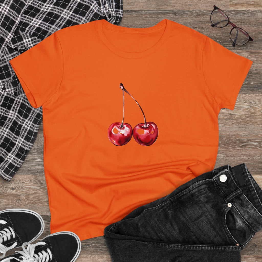 Cherries Tee, Fruit Graphic Shirt, Summer Vibes Top, Women's Cotton T-Shirt, Retro Cherry Print Clothing, Food Lover Gift