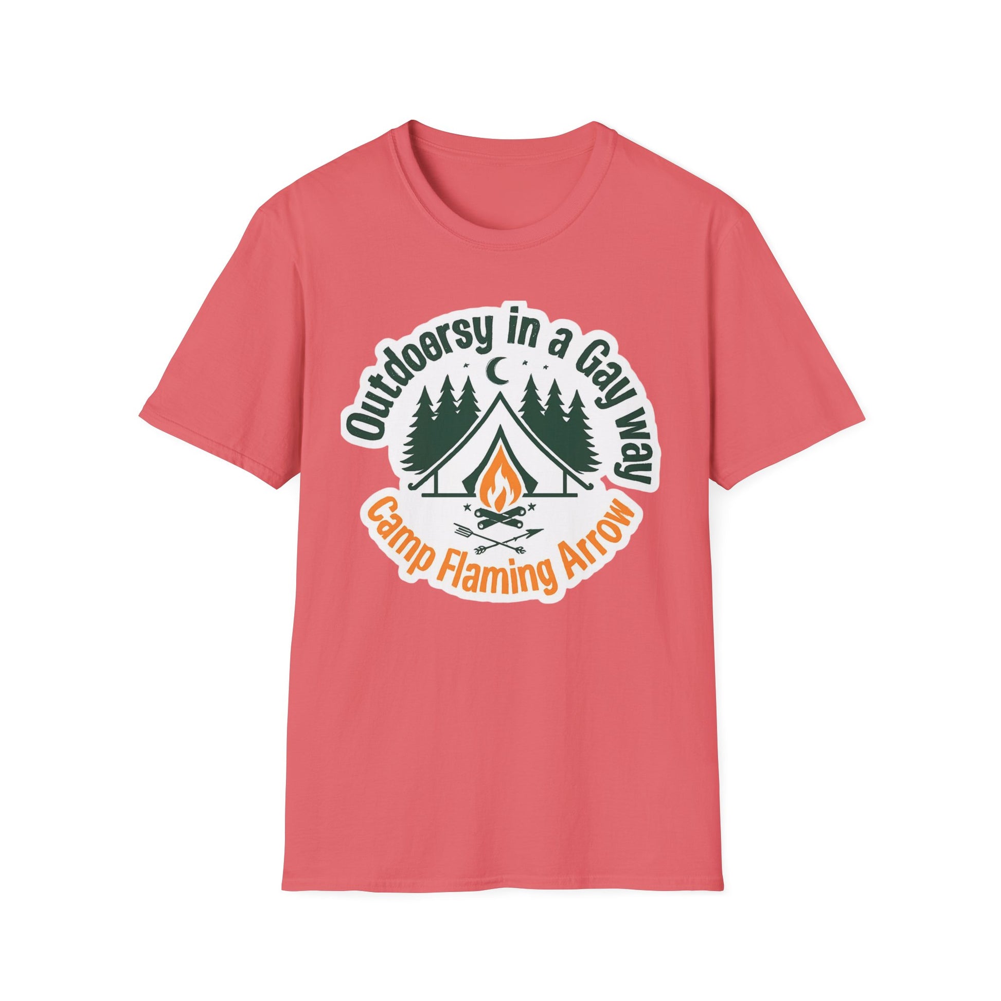 Camp Flaming Arrow Pride T-Shirt, Ptown carnival Gay Outdoorsy in a gay way, LGBTQ+ Camping Gear, Summer Festival Top, Unisex Graphic Tee