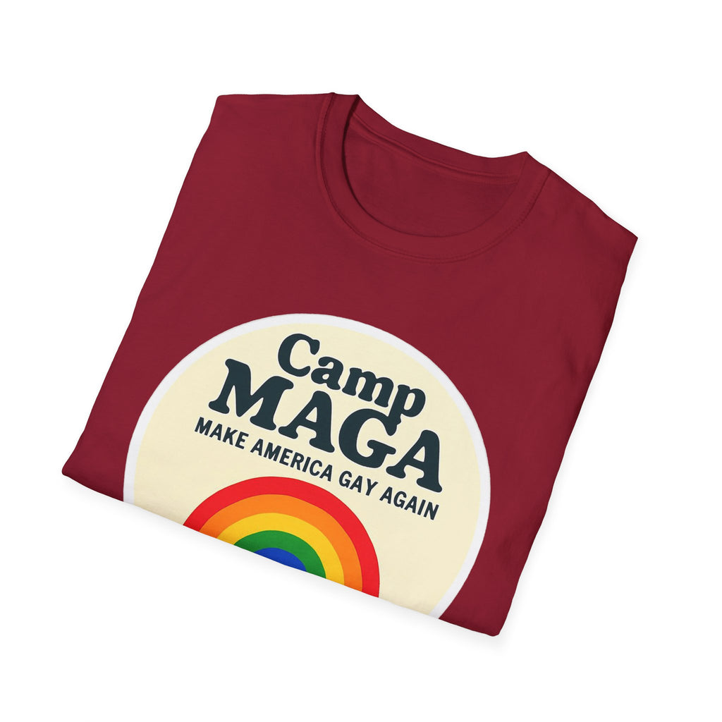 Camp MAGA Rainbow T-Shirt, Carnival Make America Gay Again Pride Tee, LGBTQ Festival Shirt, Unisex Softstyle Top, Patriotic Rainbow Apparel