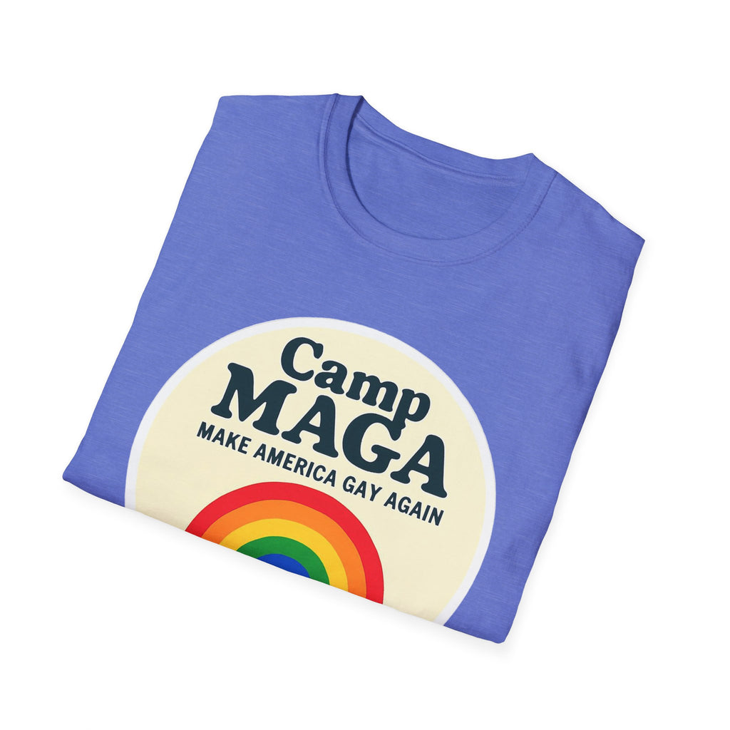 Camp MAGA Rainbow T-Shirt, Carnival Make America Gay Again Pride Tee, LGBTQ Festival Shirt, Unisex Softstyle Top, Patriotic Rainbow Apparel