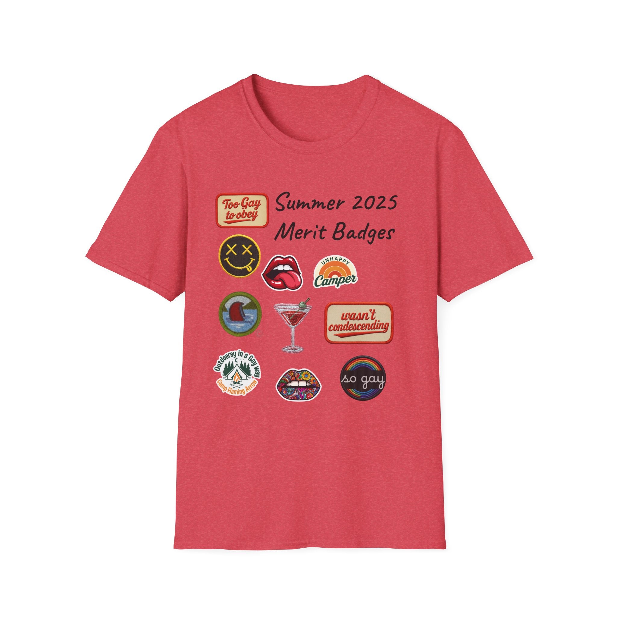 Summer 2025 Merit Badges carnival Unisex Softstyle T-Shirt, Gay Summer Apparel, Camp Vibes Tee, Unique Gifts, Casual Wear for Parties