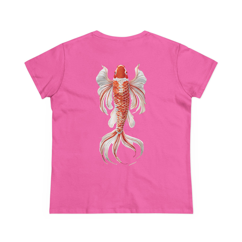 Artistic Goldfish Graphic Women's Midweight Cotton Tee koi On back of tee