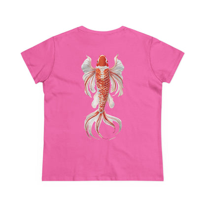 Artistic Goldfish Graphic Women's Midweight Cotton Tee koi On back of tee
