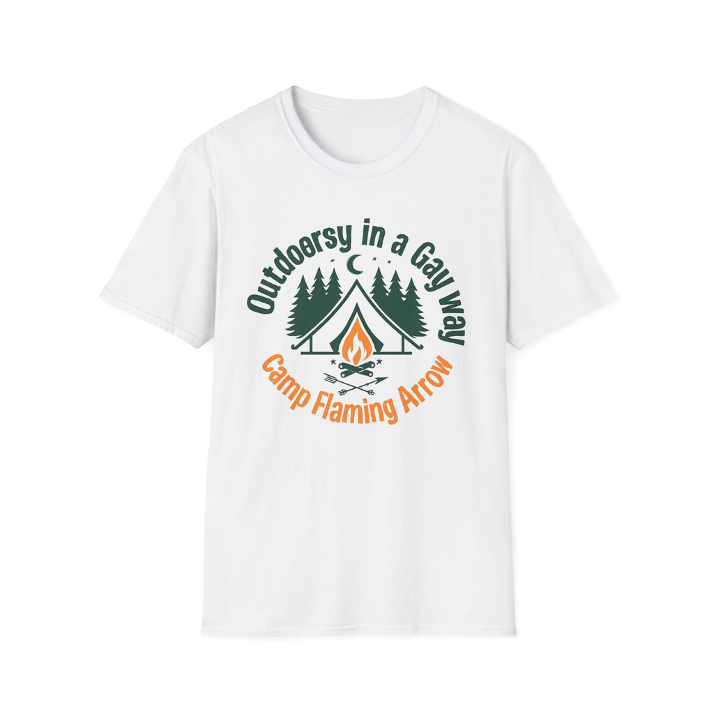 Camp Flaming Arrow Pride T-Shirt, Ptown carnival Gay Outdoorsy in a gay way, LGBTQ+ Camping Gear, Summer Festival Top, Unisex Graphic Tee