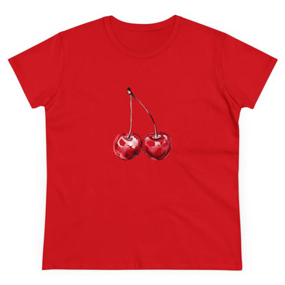 Cherries Tee, Fruit Graphic Shirt, Summer Vibes Top, Women's Cotton T-Shirt, Retro Cherry Print Clothing, Food Lover Gift