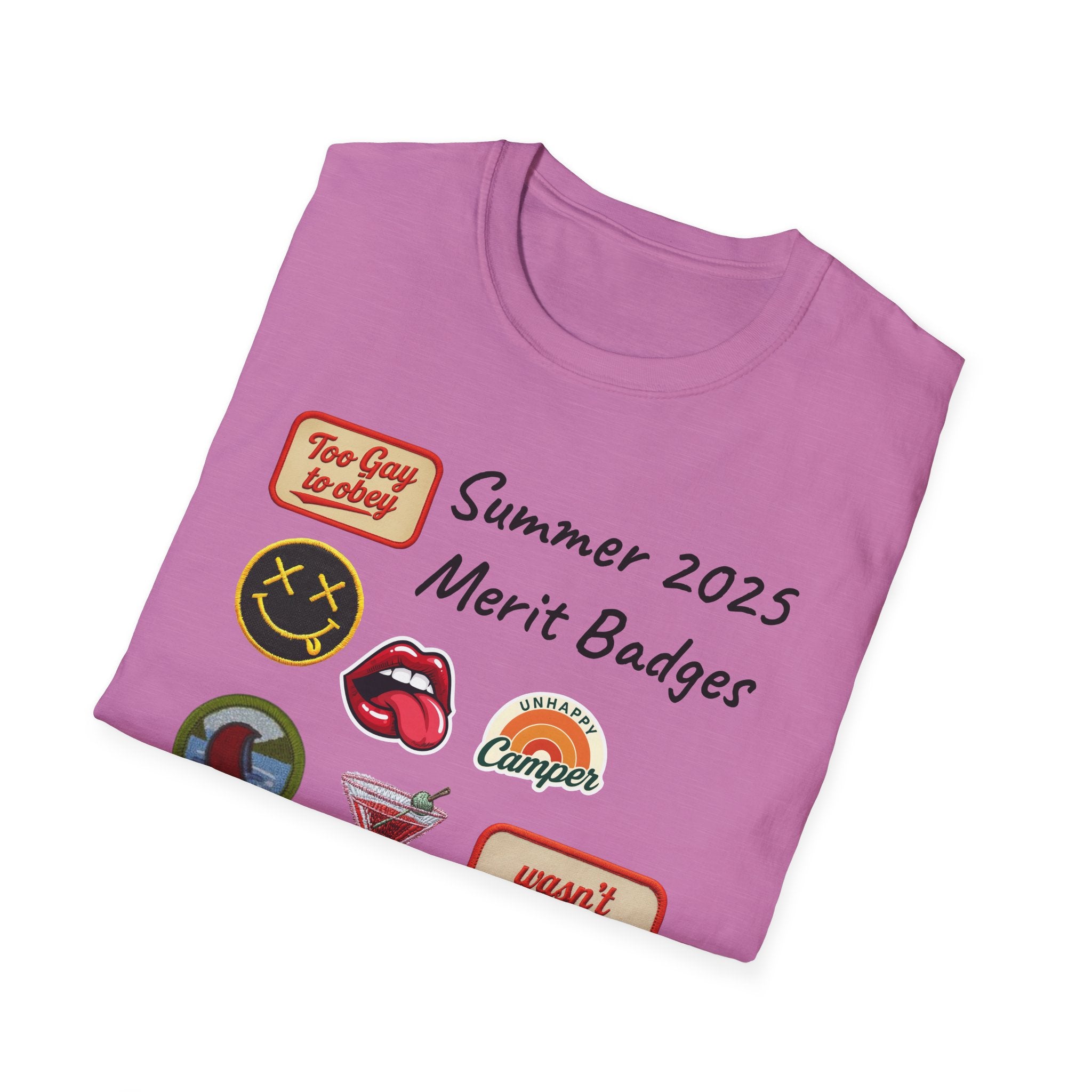 Summer 2025 Merit Badges carnival Unisex Softstyle T-Shirt, Gay Summer Apparel, Camp Vibes Tee, Unique Gifts, Casual Wear for Parties