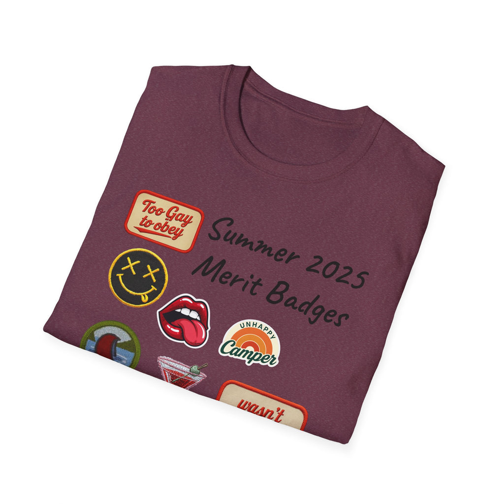 Summer 2025 Merit Badges carnival Unisex Softstyle T-Shirt, Gay Summer Apparel, Camp Vibes Tee, Unique Gifts, Casual Wear for Parties