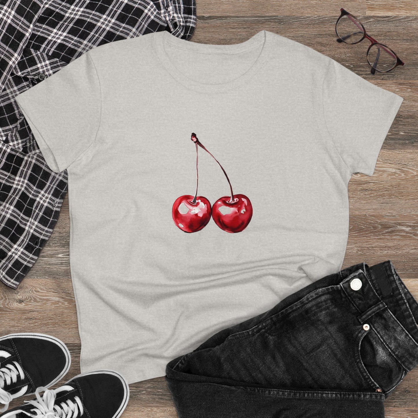 Cherries Tee, Fruit Graphic Shirt, Summer Vibes Top, Women's Cotton T-Shirt, Retro Cherry Print Clothing, Food Lover Gift