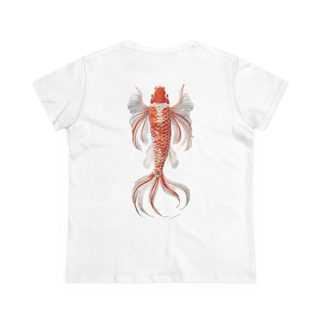 Artistic Goldfish Graphic Women's Midweight Cotton Tee koi On back of tee