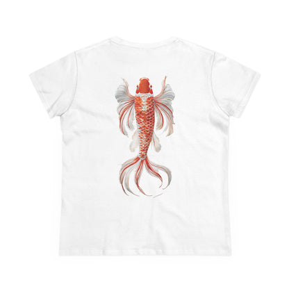 Artistic Goldfish Graphic Women's Midweight Cotton Tee koi On back of tee