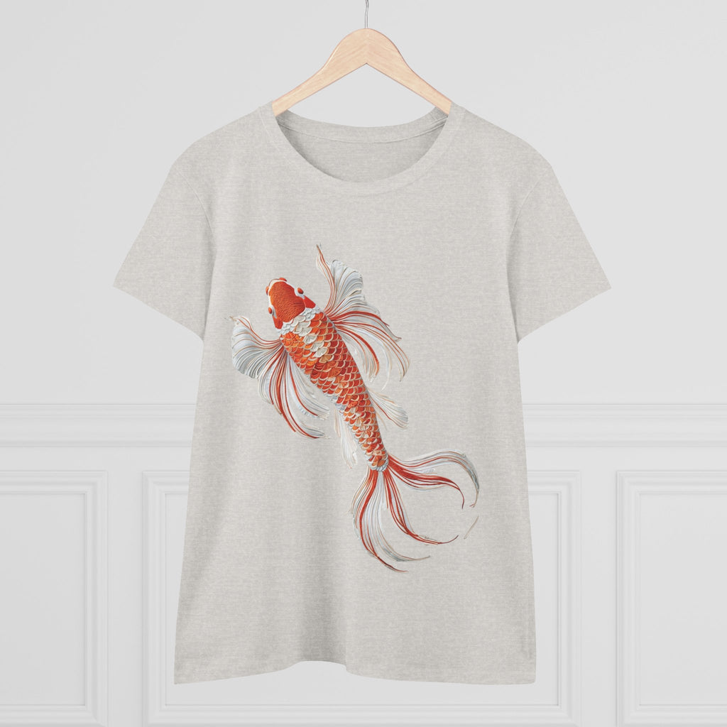 Koi Fish Design Tee for Women, Casual Summer Top, Gift for Nature Lovers, Artistic Cotton Shirt, Ocean Vibe Tee, Everyday Wear