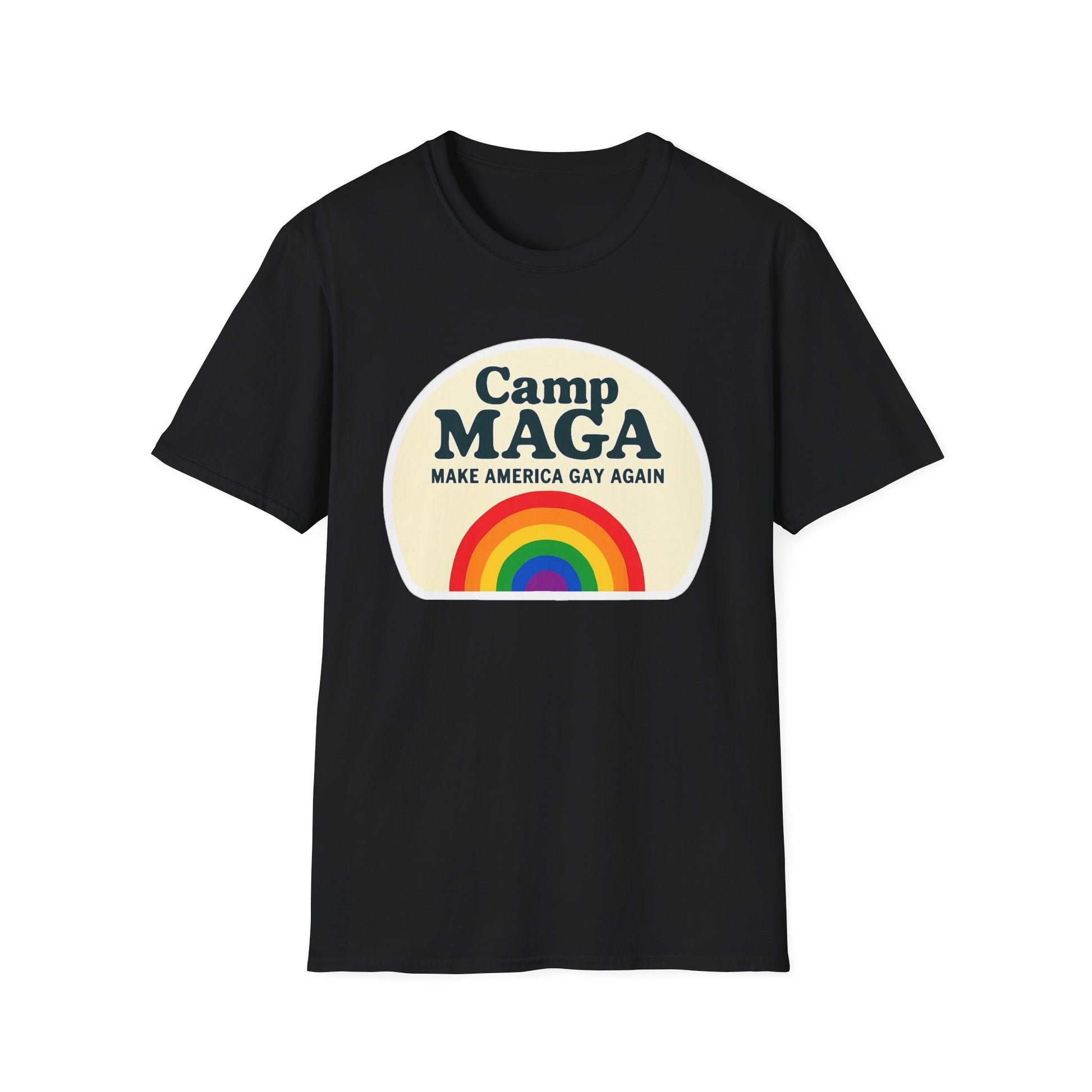 Camp MAGA Rainbow T-Shirt, Carnival Make America Gay Again Pride Tee, LGBTQ Festival Shirt, Unisex Softstyle Top, Patriotic Rainbow Apparel
