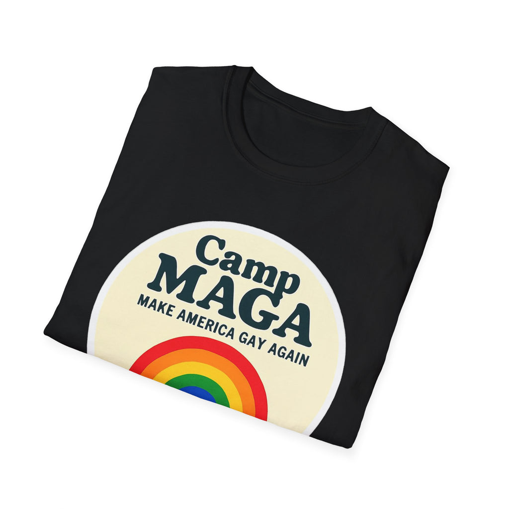 Camp MAGA Rainbow T-Shirt, Carnival Make America Gay Again Pride Tee, LGBTQ Festival Shirt, Unisex Softstyle Top, Patriotic Rainbow Apparel
