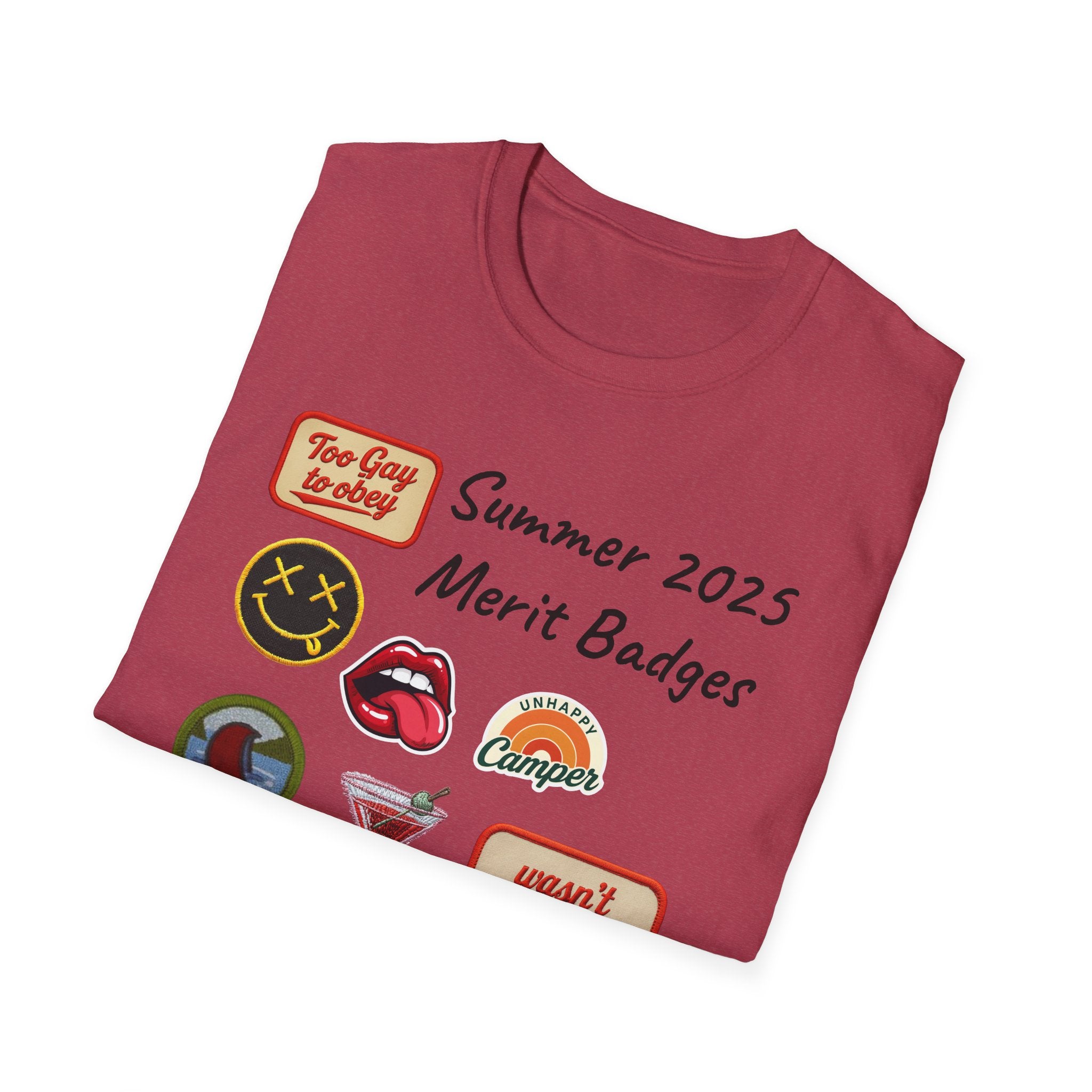 Summer 2025 Merit Badges carnival Unisex Softstyle T-Shirt, Gay Summer Apparel, Camp Vibes Tee, Unique Gifts, Casual Wear for Parties