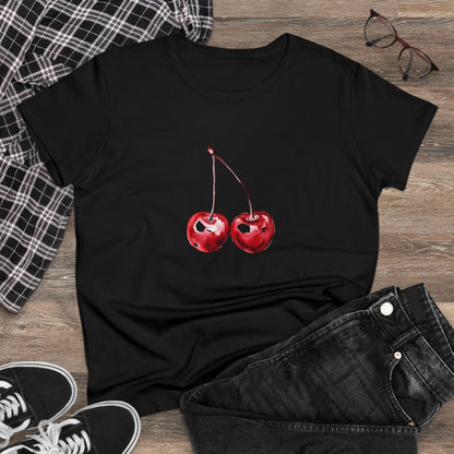 Cherries Tee, Fruit Graphic Shirt, Summer Vibes Top, Women's Cotton T-Shirt, Retro Cherry Print Clothing, Food Lover Gift