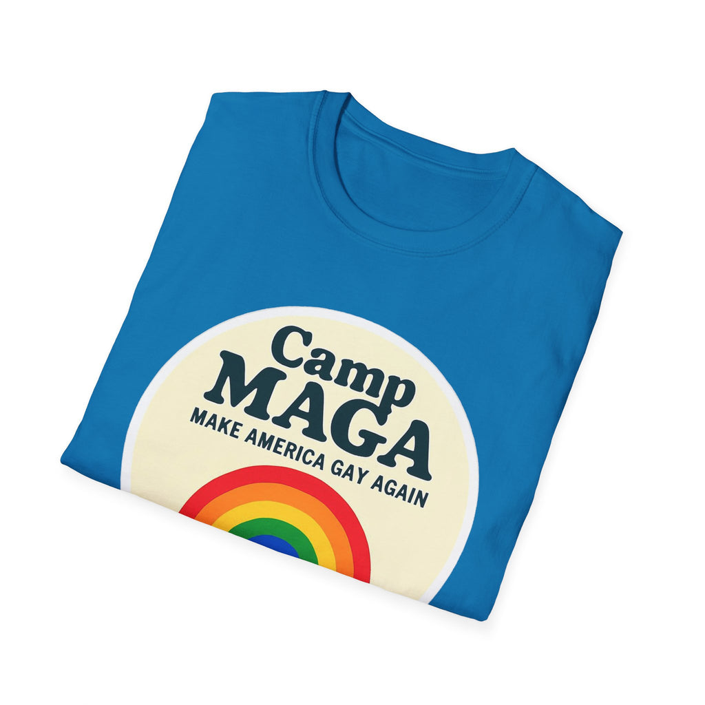 Camp MAGA Rainbow T-Shirt, Carnival Make America Gay Again Pride Tee, LGBTQ Festival Shirt, Unisex Softstyle Top, Patriotic Rainbow Apparel