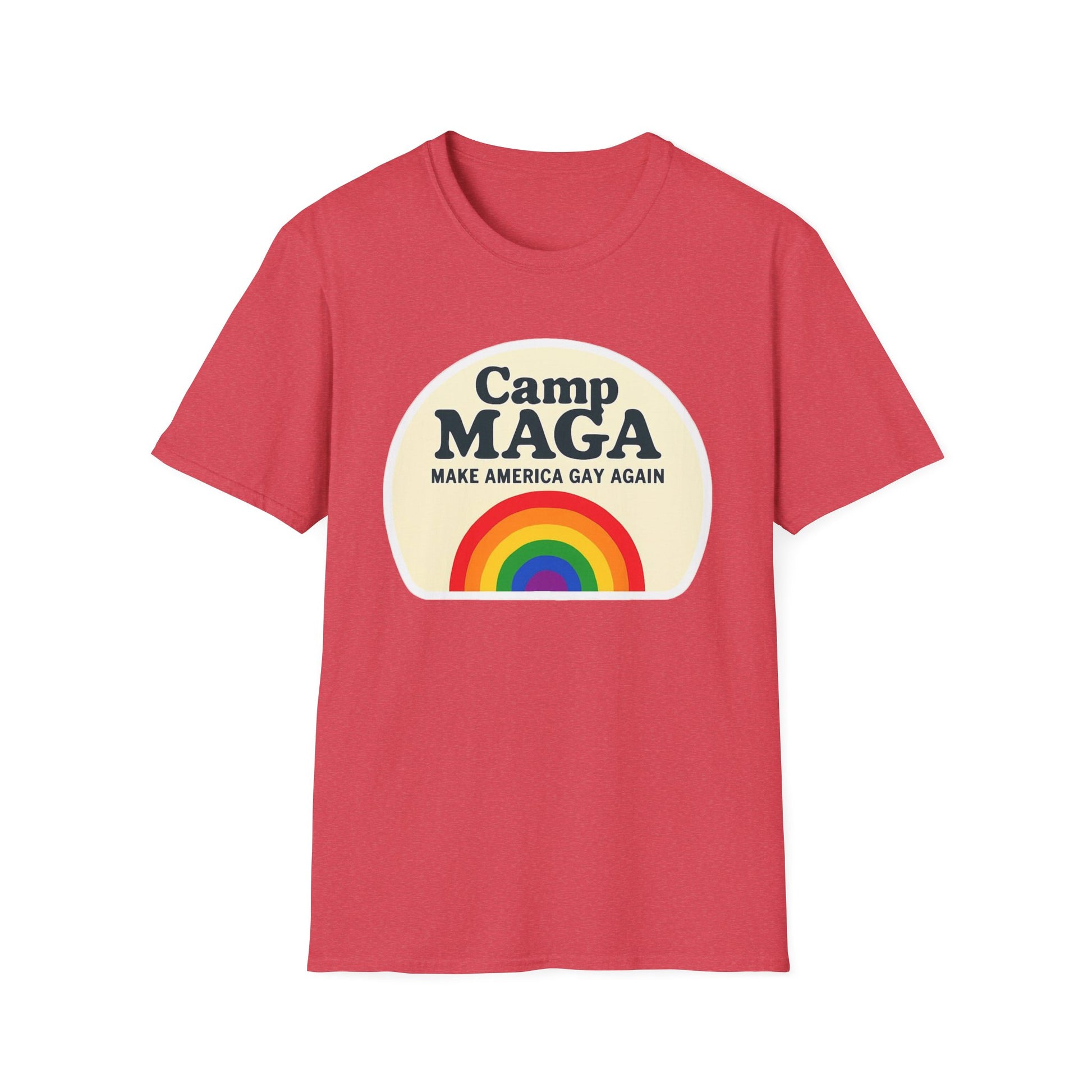 Camp MAGA Rainbow T-Shirt, Carnival Make America Gay Again Pride Tee, LGBTQ Festival Shirt, Unisex Softstyle Top, Patriotic Rainbow Apparel