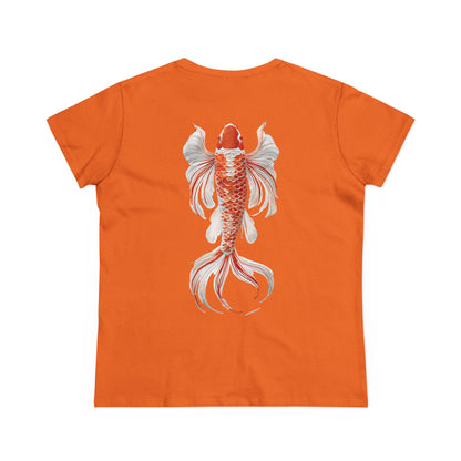 Artistic Goldfish Graphic Women's Midweight Cotton Tee koi On back of tee