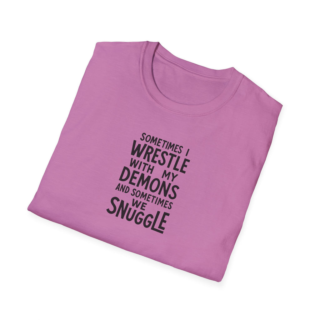 Demon Snuggle Unisex Softstyle T-Shirt, Wrestling Funny Tee, Mental Health Shirt, Graphic Tee, Gift for Him Her