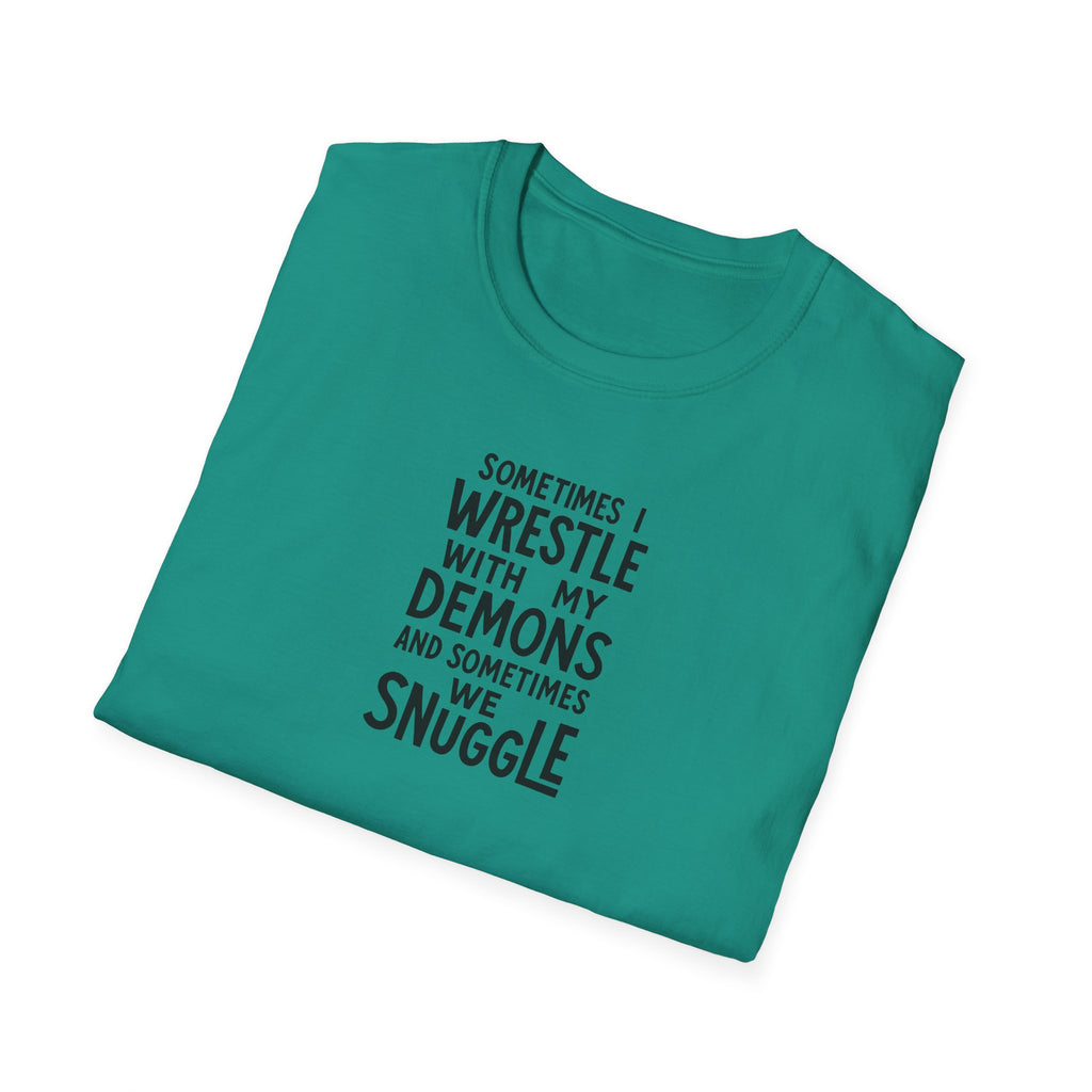 Demon Snuggle Unisex Softstyle T-Shirt, Wrestling Funny Tee, Mental Health Shirt, Graphic Tee, Gift for Him Her