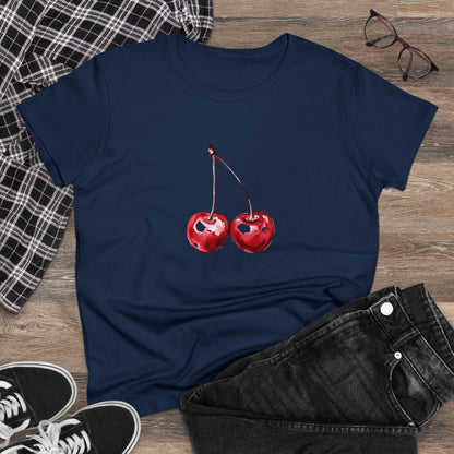 Cherries Tee, Fruit Graphic Shirt, Summer Vibes Top, Women's Cotton T-Shirt, Retro Cherry Print Clothing, Food Lover Gift