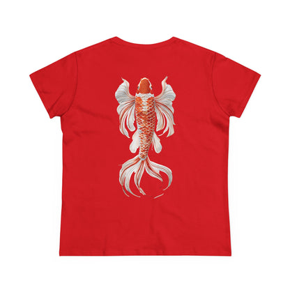 Artistic Goldfish Graphic Women's Midweight Cotton Tee koi On back of tee