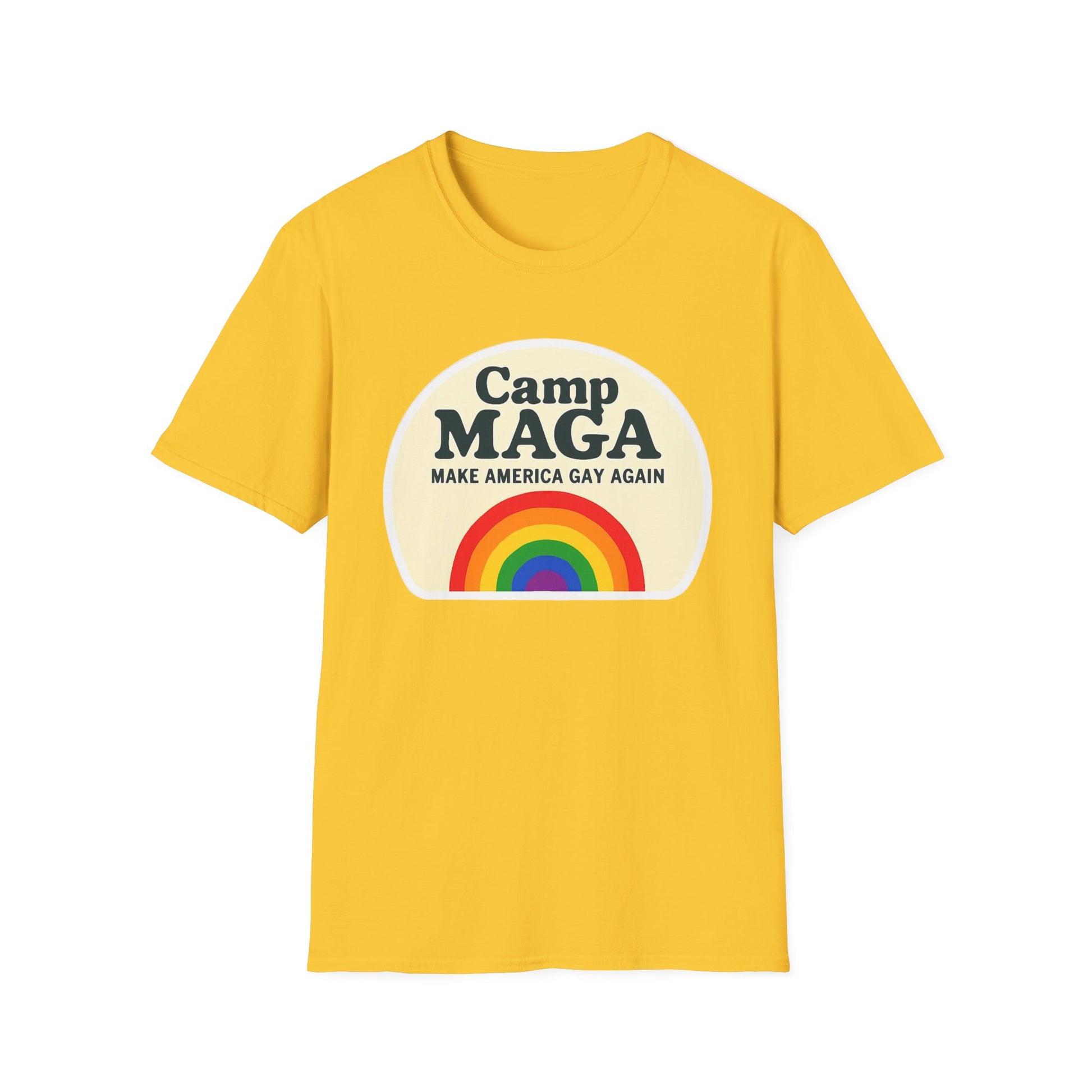 Camp MAGA Rainbow T-Shirt, Carnival Make America Gay Again Pride Tee, LGBTQ Festival Shirt, Unisex Softstyle Top, Patriotic Rainbow Apparel