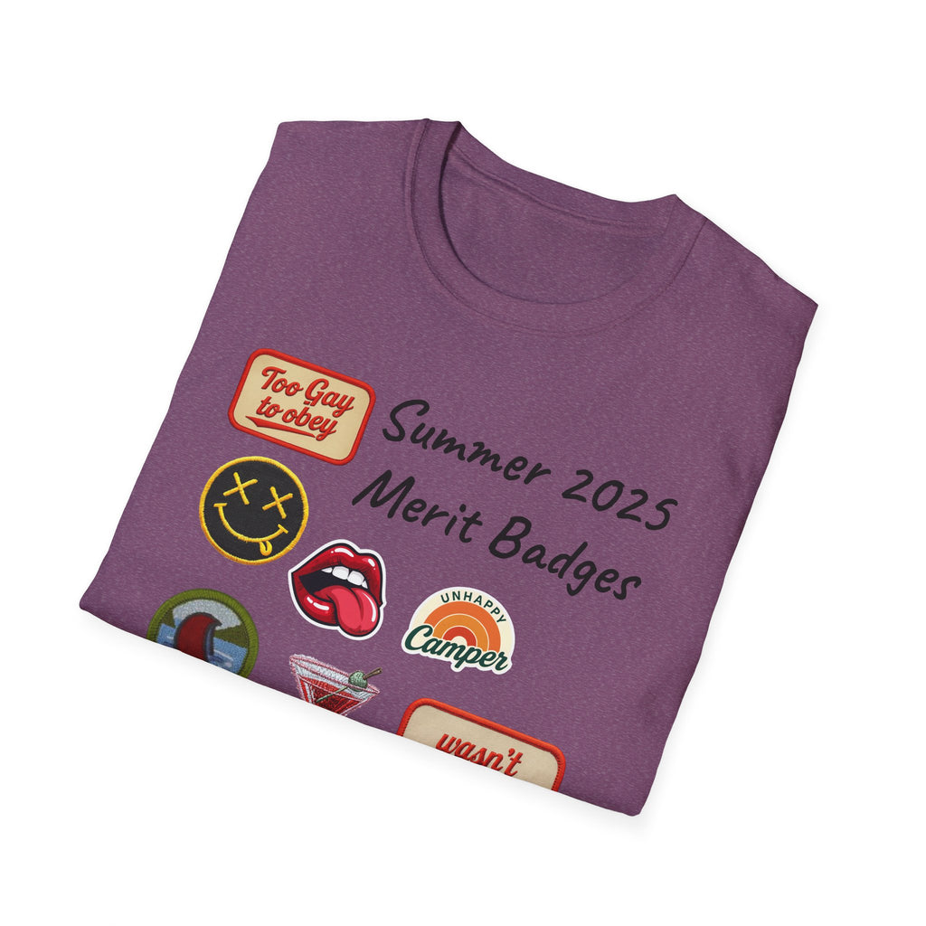 Summer 2025 Merit Badges carnival Unisex Softstyle T-Shirt, Gay Summer Apparel, Camp Vibes Tee, Unique Gifts, Casual Wear for Parties